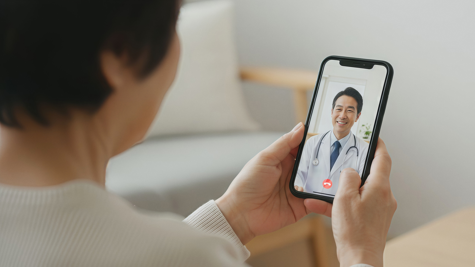 自宅でスマートフォンからオンライン診療を受ける女性